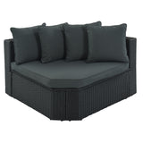 GO 7-piece Outdoor Wicker Sofa Set, Rattan Sofa Lounger, With Striped Green Pillows, Conversation Sofa, For Patio, Garden, Deck, Black Wicker, Gray Cushion