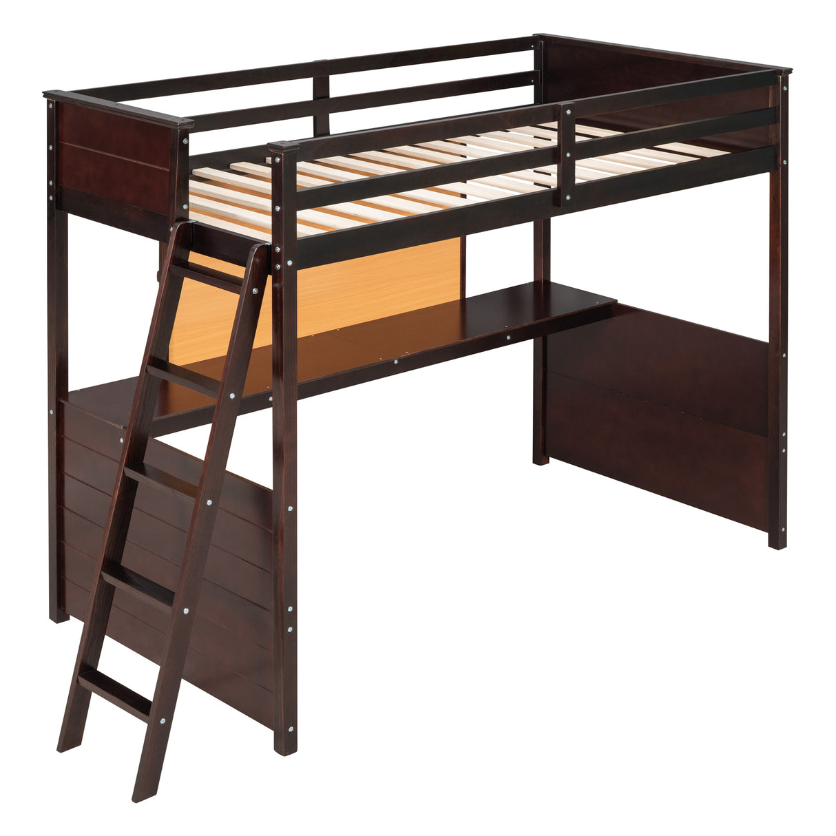 Twin size Loft Bed with Desk and Writing Board, Wooden Loft Bed with Desk - Espresso - Home Elegance USA