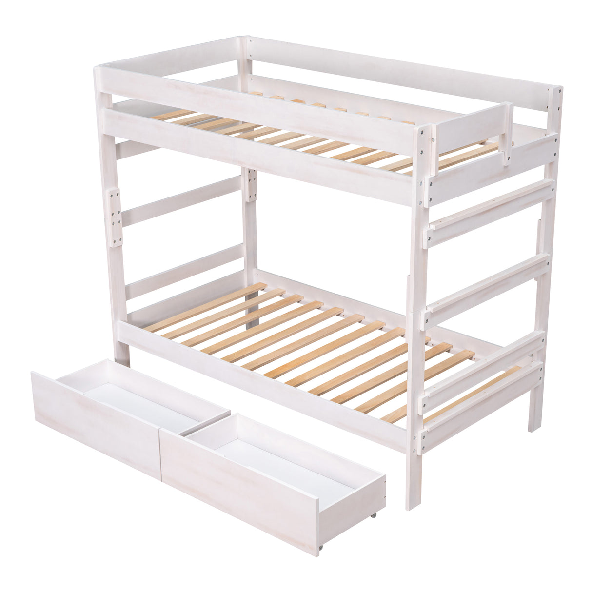 Twin over Twin Wood Bunk Bed with 2 Drawers, White - Home Elegance USA