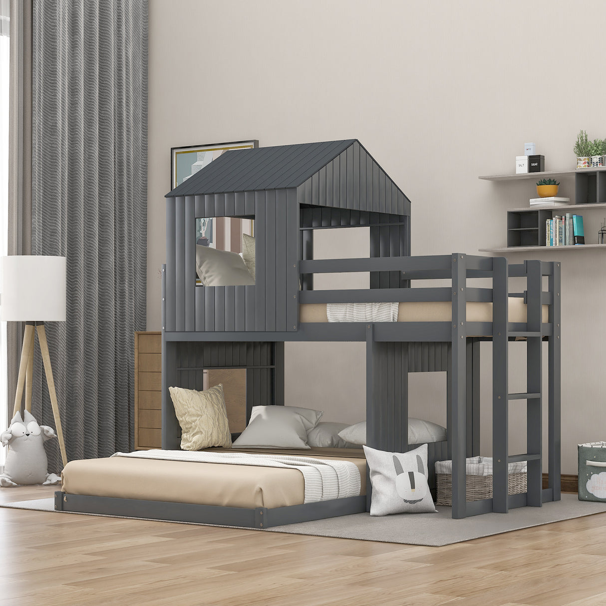 Wooden Twin Over Full Bunk Bed, Loft Bed with Playhouse, Farmhouse, Ladder and Guardrails , Gray( old sku: LP000027AAN ) - Home Elegance USA