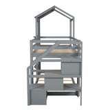 Twin Over Twin Bunk Bed with Storage Stairs,Wood Bed with Roof, Window, Guardrail, Ladder，Gray