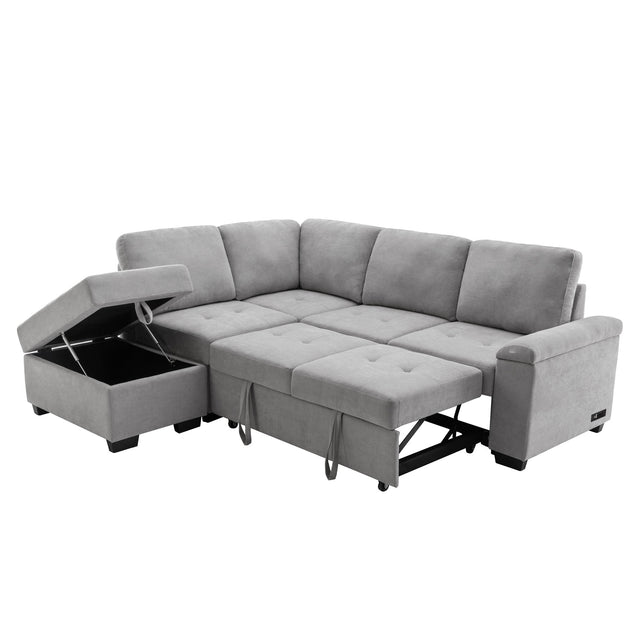 Sleeper Sectional Sofa, L-Shape Corner Couch Sofa-Bed with Storage Ottoman & Hidden Arm Storage & USB Charge  for Living Room Apartment, Gray - Home Elegance USA