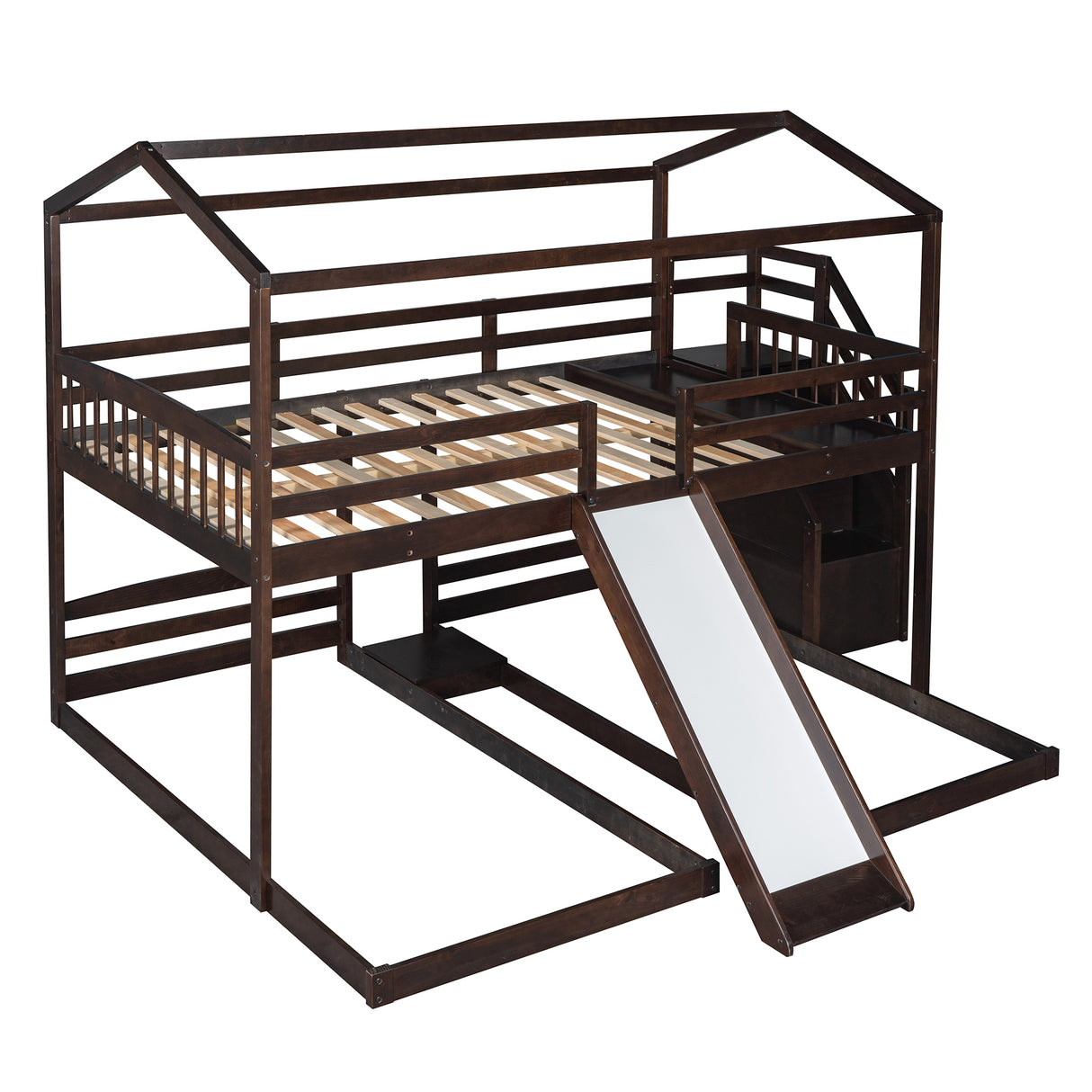 Full over Twin & Twin Bunk Bed,with Slide and Storage Staircase,Built-in Drawer and Shelf,Espresso - Home Elegance USA