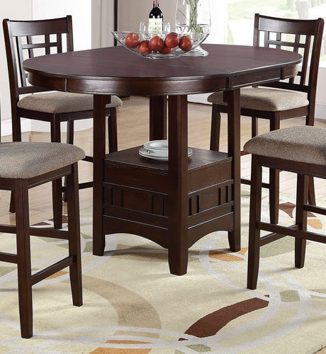 Contemporary Dining Room Counter height 5pc Dining Set Round Table w Leaf & 4x Side Chairs Dark Rosy Brown Finish Solid wood - Home Elegance USA
