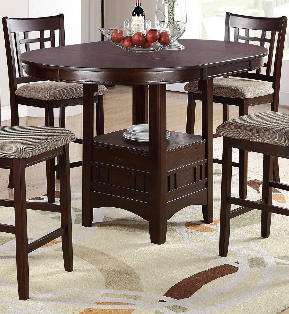 Dining Table Round Counter height Dining Table w Shelve 1pc Table Only Solid wood Dark Rosy Brown FInish - Home Elegance USA