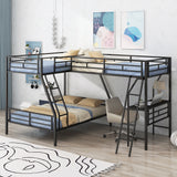 Twin over Full Bunk Bed with a Twin Size Loft Bed attached, with a Desk, Metal, Black - Home Elegance USA