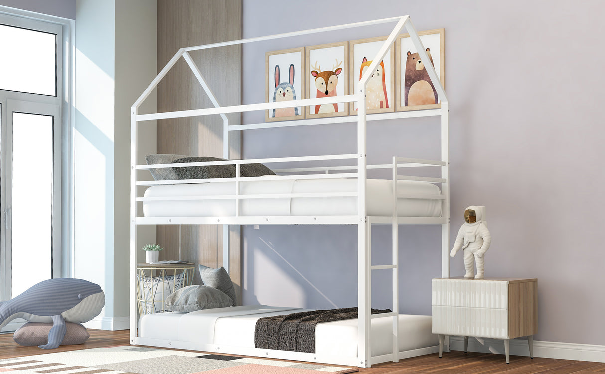 Bunk Beds for Kids Twin over Twin,House Bunk Bed Metal Bed Frame Built-in Ladder,No Box Spring Needed White - Home Elegance USA