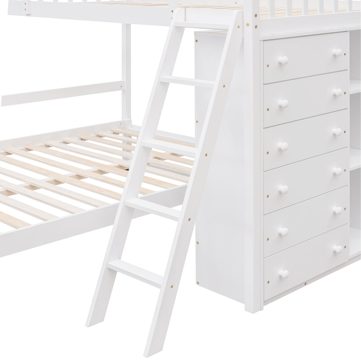 Wooden Twin Over Full Bunk Bed With Six Drawers And Flexible Shelves,Bottom Bed With Wheels,White(OLD SKU:LP000531AAK) - Home Elegance USA