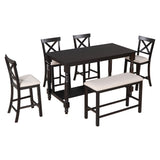 TREXM 6-Piece Counter Height Dining Table Set Table with Shelf 4 Chairs and Bench for Dining Room (Espresso) - Home Elegance USA