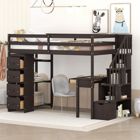 Twin size Loft Bed with Storage Drawers ,Desk and Stairs, Wooden Loft Bed with Shelves - Espresso - Home Elegance USA