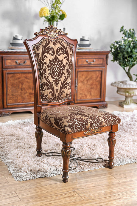 Traditional Fancy Set of 2pcs Side Chairs Brown Cherry Solid wood Intricate Carved Details Floral Design Print Fabric Seats Formal Dining Room Furniture - Home Elegance USA