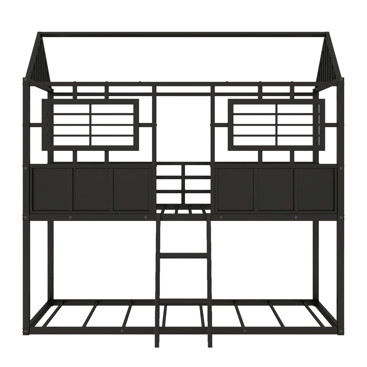 Twin over Twin Size Metal Low Bunk Beds with Roof and Fence-shaped Guardrail, Black - Home Elegance USA