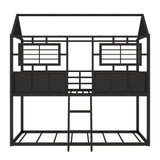 Twin over Twin Size Metal Low Bunk Beds with Roof and Fence-shaped Guardrail, Black - Home Elegance USA