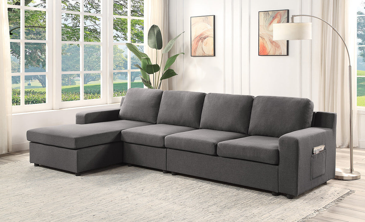 Waylon Gray Linen 4-Seater Sectional Sofa Chaise with Pocket - Home Elegance USA