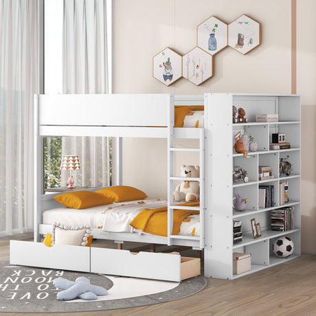 Full over Full Bunk Bed With 2 Drawers and Multi-layer Cabinet, White - Home Elegance USA