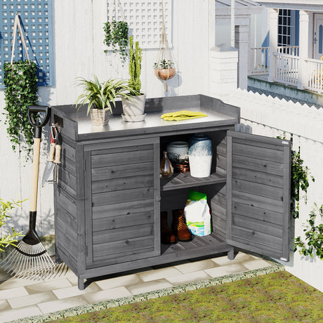 TOPMAX Outdoor 39" Potting Bench Table, Rustic Garden Wood Workstation Storage Cabinet Garden Shed with 2-Tier Shelves and Side Hook, Grey - Home Elegance USA