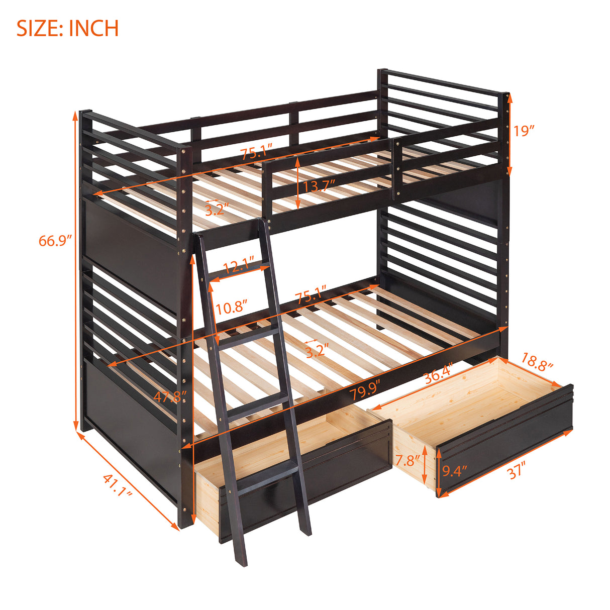 Twin over Twin Wood Bunk Bed with Two Drawers - Espresso· - Home Elegance USA