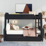 Twin over Full Upholstered Bunk Bed with Trundle and Ladder,Tufted Button Design,Black - Home Elegance USA