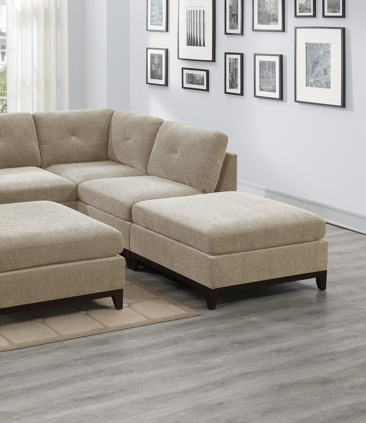 Camel Chenille Fabric Modular Sectional 6pc Set Living Room Furniture Corner L - Sectional Couch 2x Corner Wedge 2x Armless Chairs and 2x Ottomans Tufted Back Exposed Wooden Base | Home Elegance USA