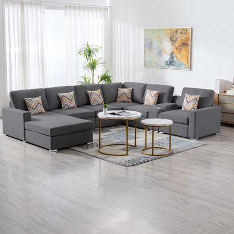 Nolan Gray Linen Fabric 7Pc Reversible Chaise Sectional Sofa with a USB, Charging Ports, Cupholders, Storage Console Table and Pillows and Interchangeable Legs - Home Elegance USA