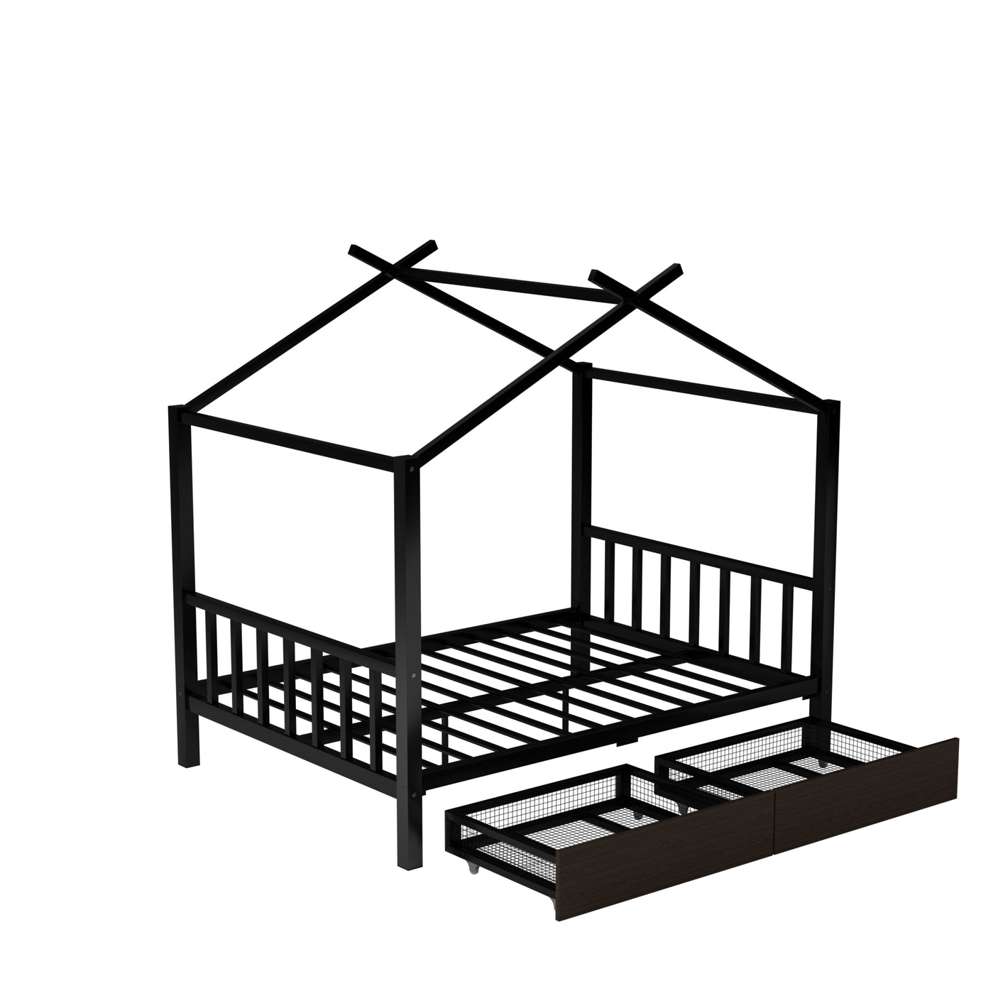 Full Size Metal House Platform Bed with Two Drawers,Headboard and Footboard,Roof Design,Black - Home Elegance USA