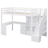 Twin Size Loft Bed with L-Shaped Desk and Drawers, Cabinet and Storage Staircase, White - Home Elegance USA