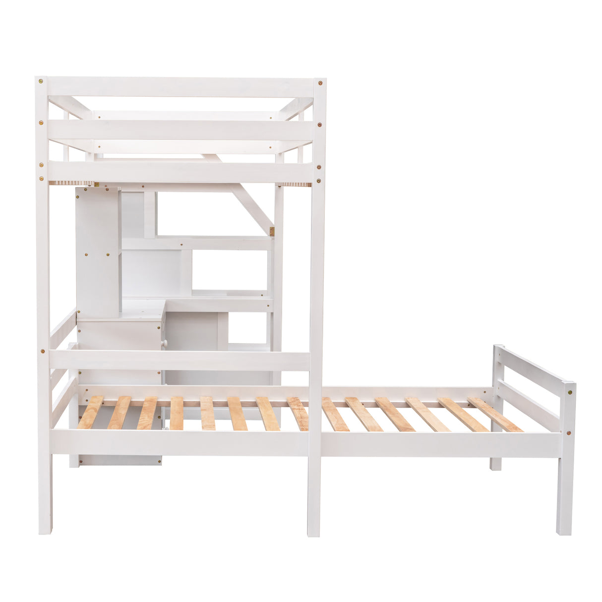 Twin Size Loft Bed with a Stand-alone Bed, Storage Staircase, Desk, Shelves and Drawers, White - Home Elegance USA