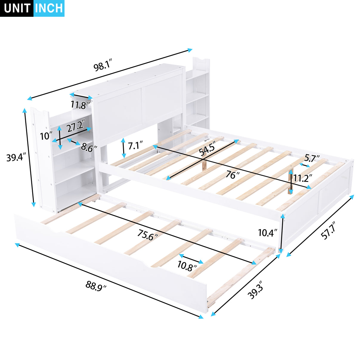 Full Size Storage Platform Bed with Pull Out Shelves and Twin Size Trundle, White - Home Elegance USA