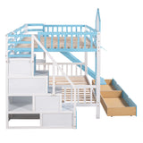 Full-Over-Full Castle Style Bunk Bed with 2 Drawers 3 Shelves and Slide - Blue