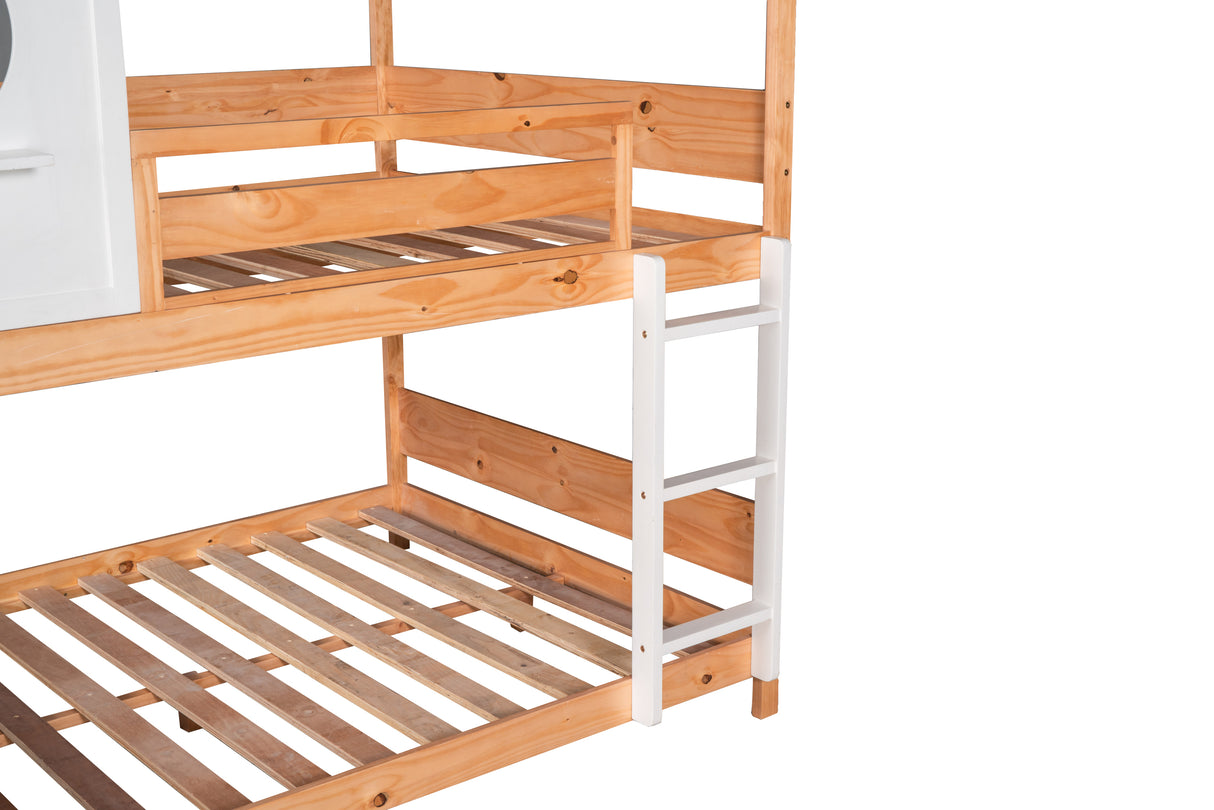 Full over Full Size House Bunk Bed with Window and Little Shelf,Full-Length Guardrail,Natural - Home Elegance USA