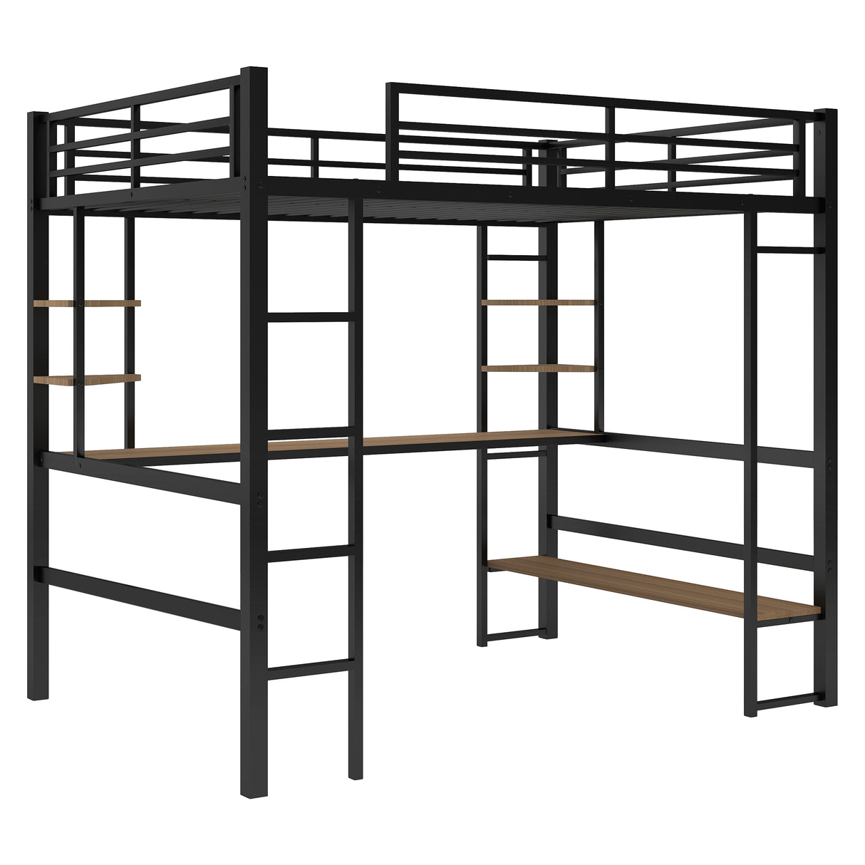 Full Size Loft Metal&MDF Bed with Long Desk and Shelves,Black(OLD SKU:SM000608AAB-1) - Home Elegance USA