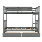 Twin-Over-Twin Bunk Bed with Ladders and Two Storage Drawers (Gray) - Home Elegance USA