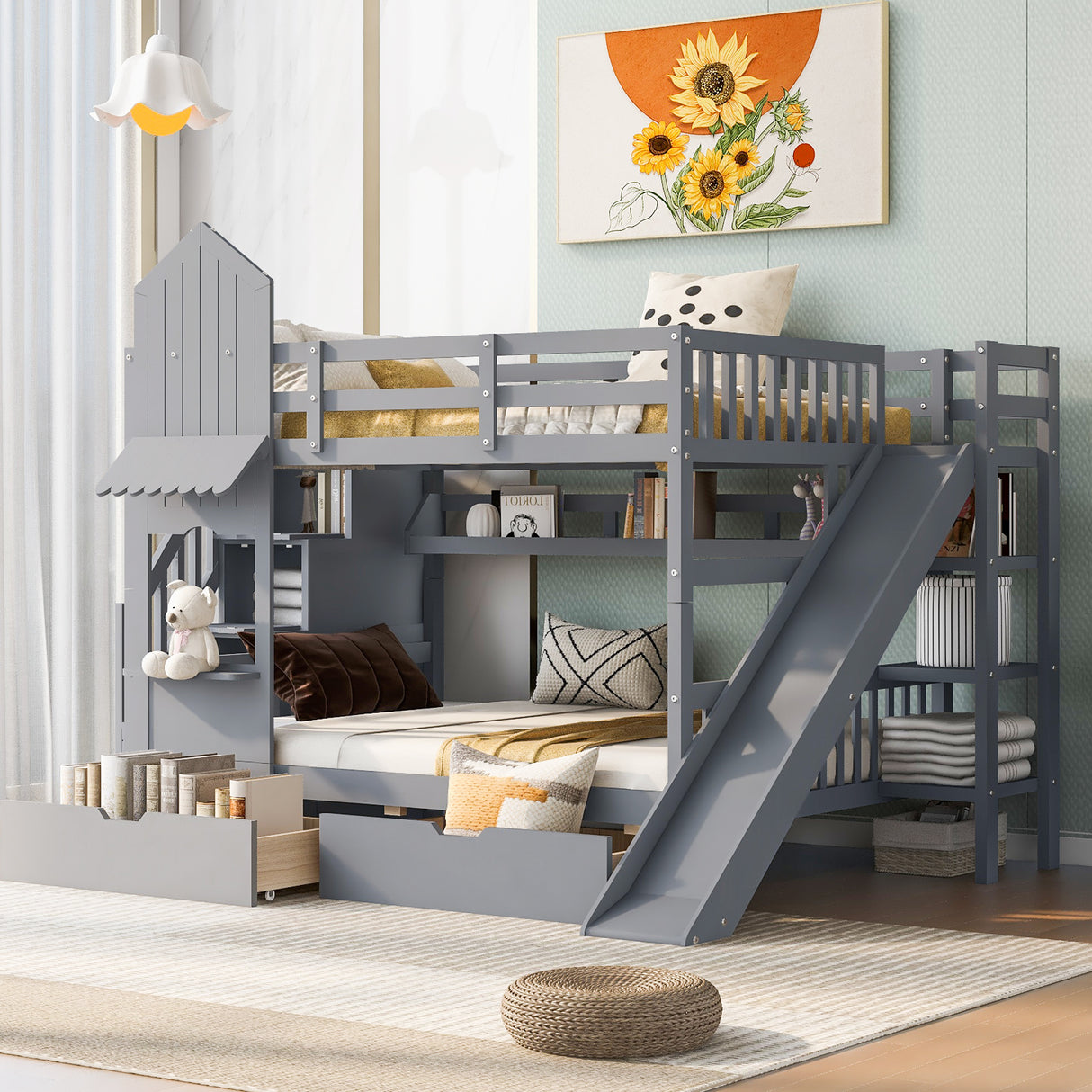 Full-Over-Full Castle Style Bunk Bed with 2 Drawers 3 Shelves and Slide - Gray - Home Elegance USA