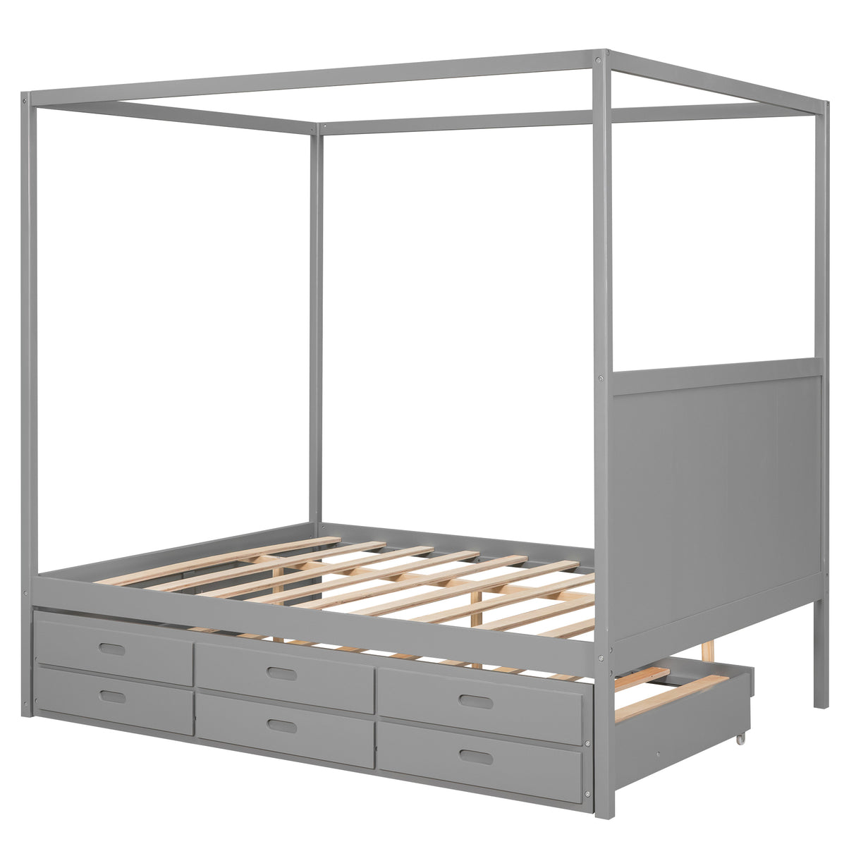 Queen Size Canopy Platform Bed with Twin Size Trundle and Three Storage Drawers,Gray - Home Elegance USA