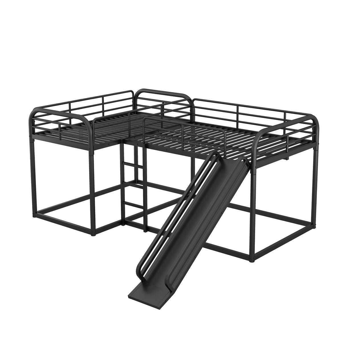 Full and Twin Size L-Shaped Bunk Bed with Slide and Short Ladder, Black - Home Elegance USA