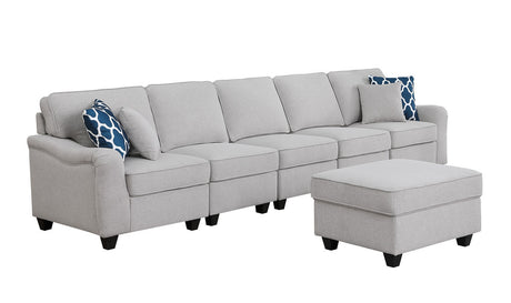 Leo Light Gray Linen 6 Seater Sofa and Ottoman Home Elegance USA