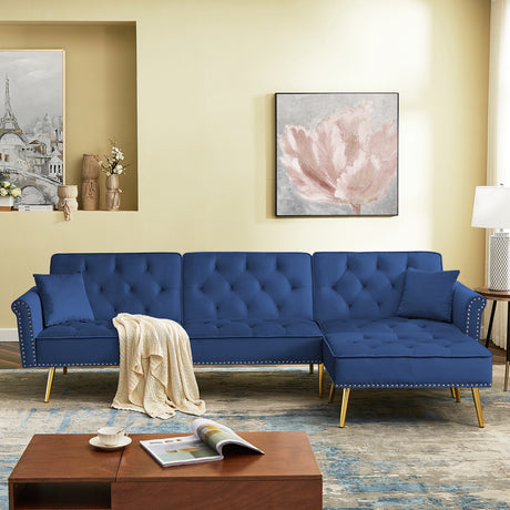 Modern Velvet Upholstered Reversible Sectional Sofa Bed , L-Shaped Couch with Movable Ottoman and Nailhead Trim For Living Room. (Blue) - Home Elegance USA