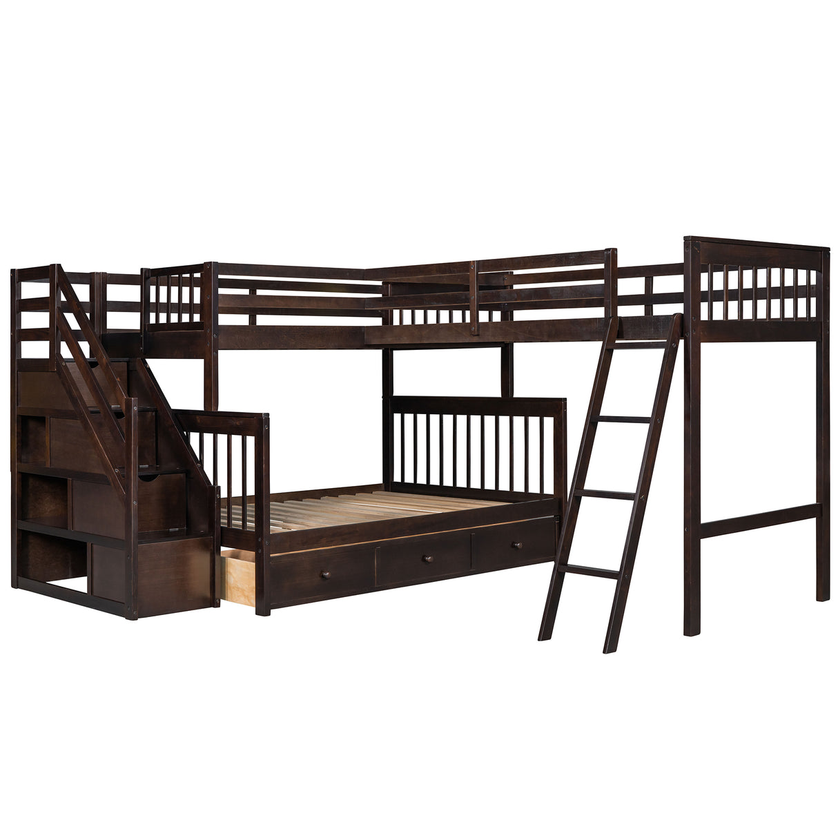 Twin over Full L-Shaped Bunk Bed With 3 Drawers, Ladder and Staircase - Espresso - Home Elegance USA