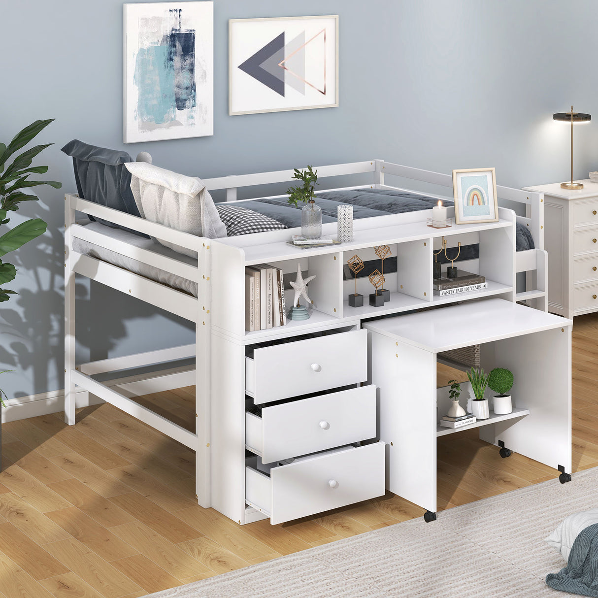 Full Size Low Loft Bed with Rolling Portable Desk, Drawers and Shelves,  White - Home Elegance USA