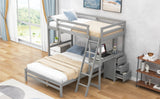 Twin over Full Bunk Bed with Built-in Desk and Three Drawers,Grey - Home Elegance USA