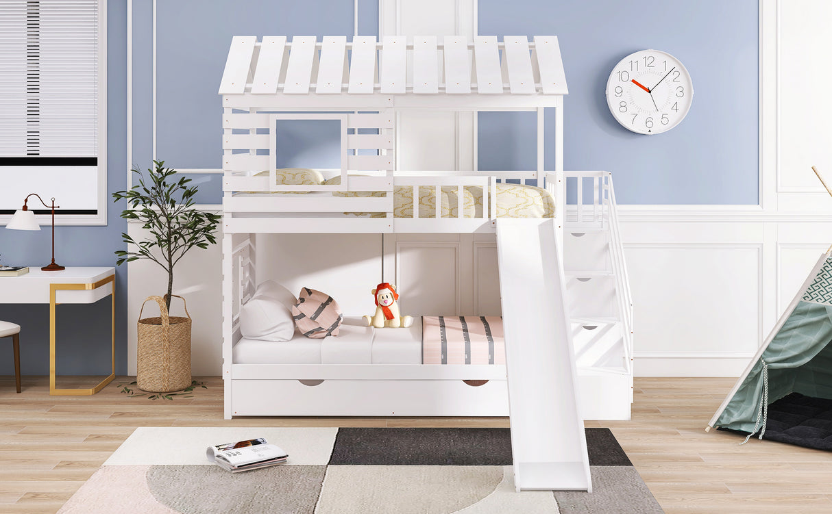 Twin over Twin House Bunk Bed with Trundle and Slide, Storage Staircase,Roof and Window Design, White - Home Elegance USA