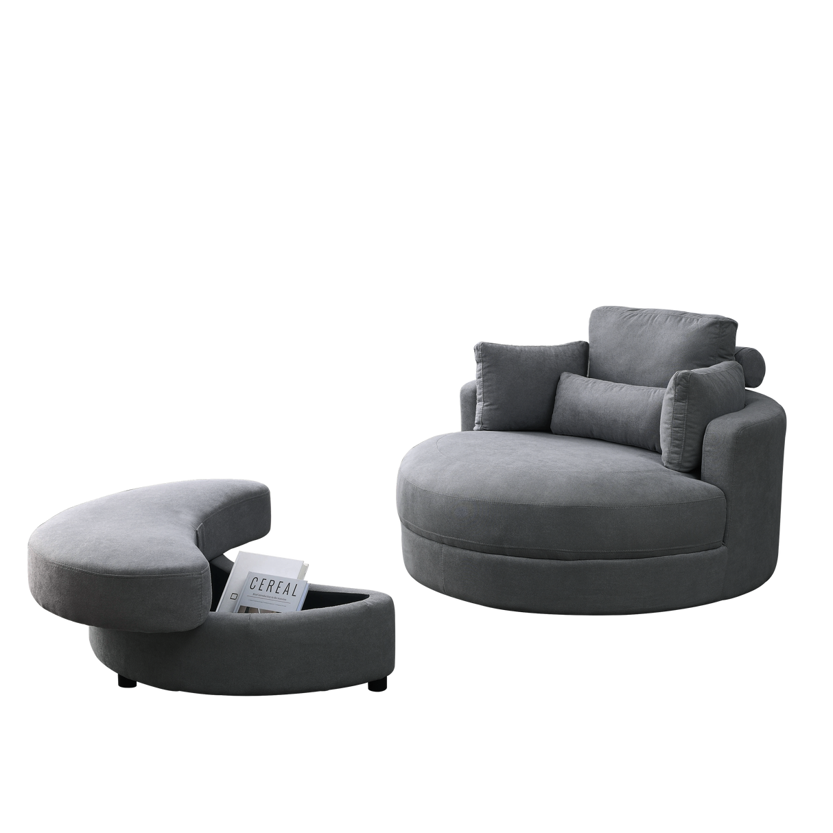 [Video] Welike Swivel Accent Barrel Modern Dark Grey Sofa Lounge Club Big Round Chair with Storage Ottoman Linen Fabric for Living Room Hotel with Pillows Home Elegance USA