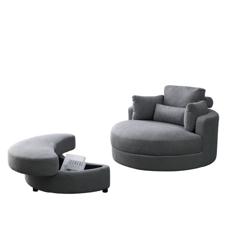 [Video] Welike Swivel Accent Barrel Modern Dark Grey Sofa Lounge Club Big Round Chair with Storage Ottoman Linen Fabric for Living Room Hotel with Pillows Home Elegance USA