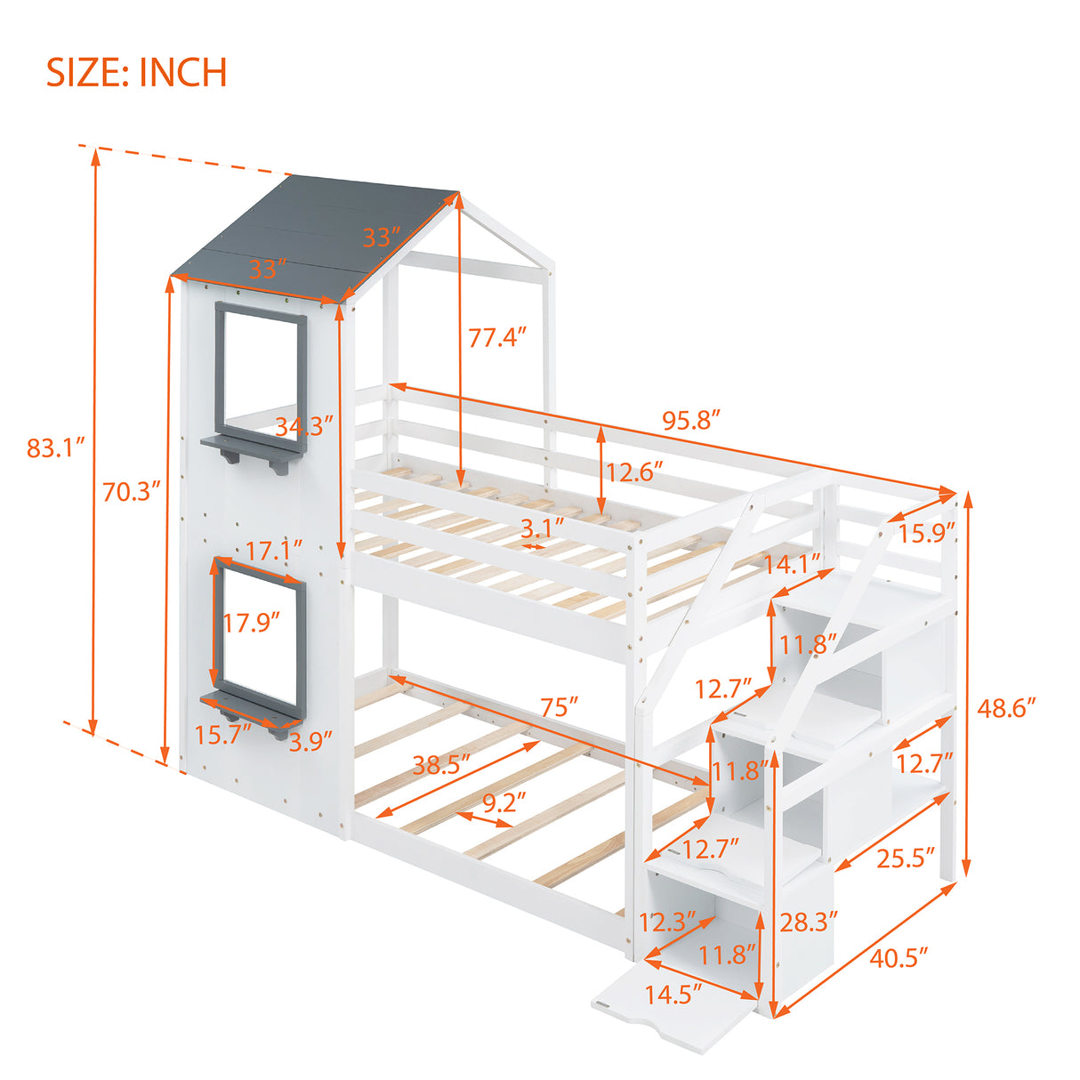 Twin Over Twin Bunk Bed with Storage Stairs,Wood Bed with Roof, Window, Guardrail, Ladder，White - Home Elegance USA