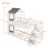 Twin Over Twin Bunk Bed with Storage Stairs,Wood Bed with Roof, Window, Guardrail, Ladder，White - Home Elegance USA