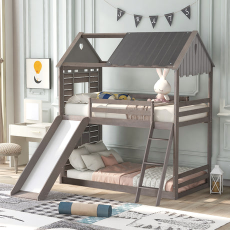 Twin Over Twin Bunk Bed Wood Bed with Roof, Window, Slide, Ladder ,Antique Gray(OLD SKU:LP000059AAE) - Home Elegance USA