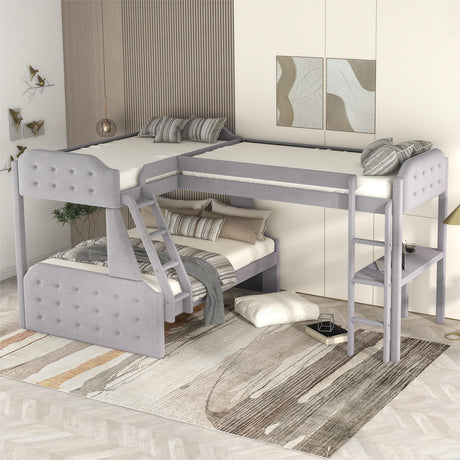 L-Shaped Twin over Full Bunk Bed and Twin Size Loft Bed with Desk,Grey - Home Elegance USA