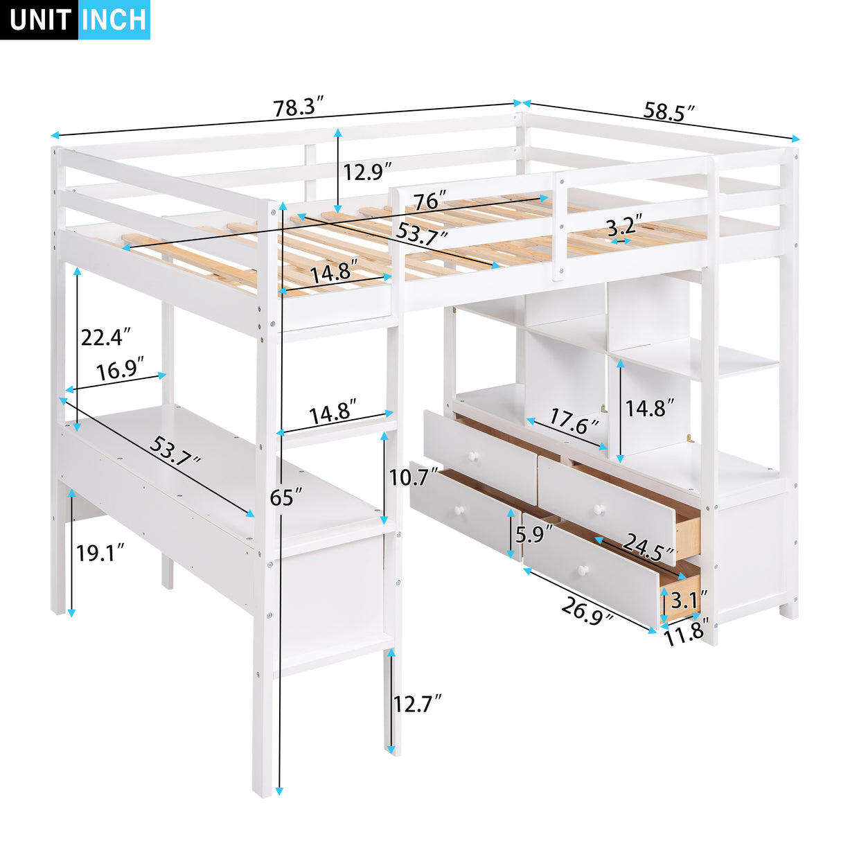 Full Size Loft Bed with Built-in Desk with Two Drawers, and Storage Shelves and Drawers,White - Home Elegance USA