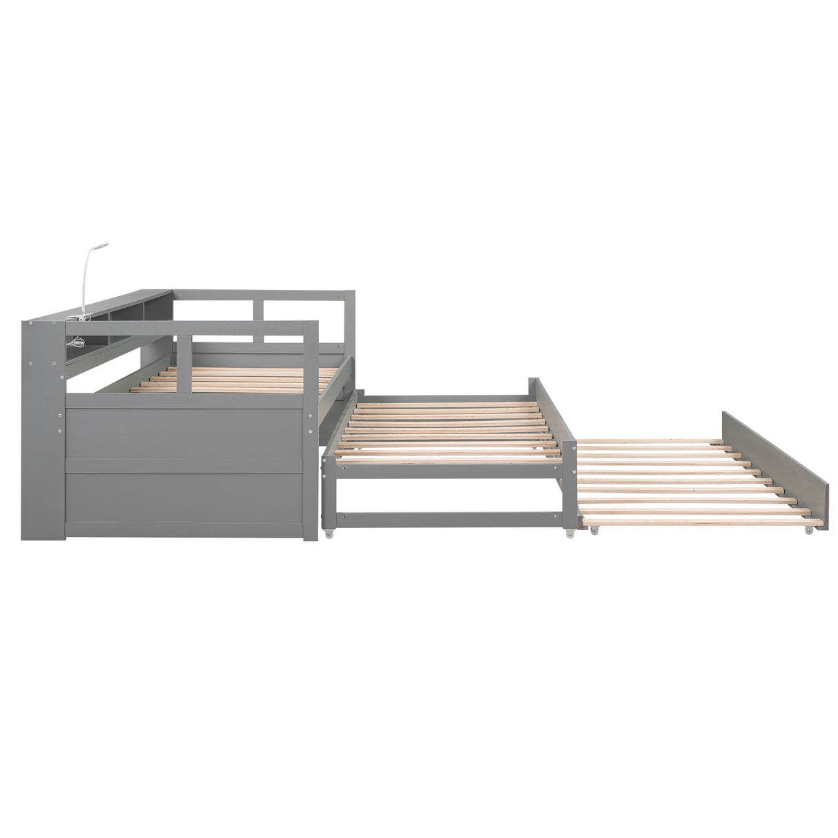 Twin XL Wood Daybed with 2 Trundles, 3 Storage Cubbies, 1 Light for Free and USB Charging Design, Gray - Home Elegance USA