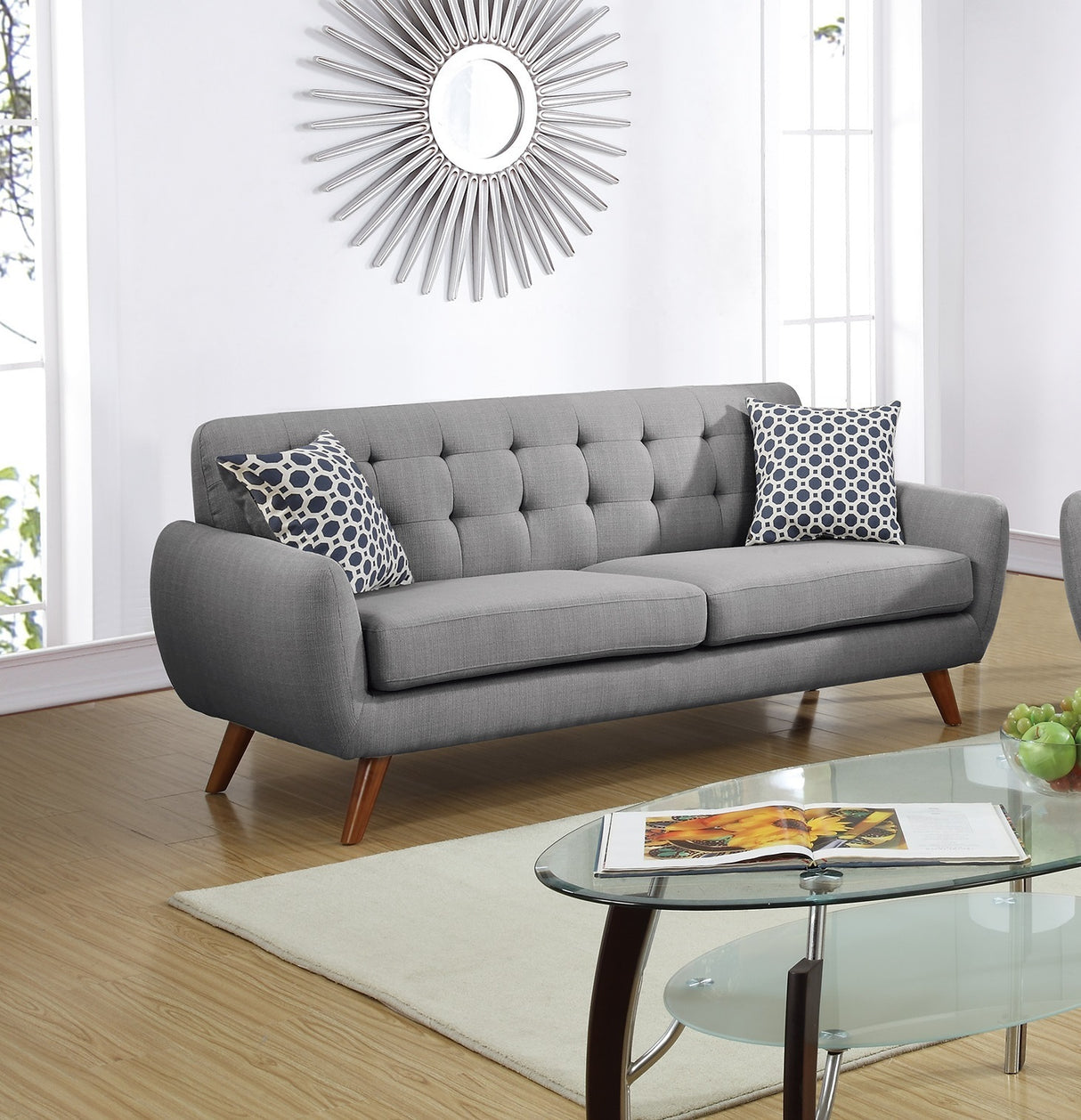 Grey Polyfiber Sofa And Loveseat 2pc Sofa Set Living Room Furniture Plywood Tufted Couch Pillows Home Elegance USA